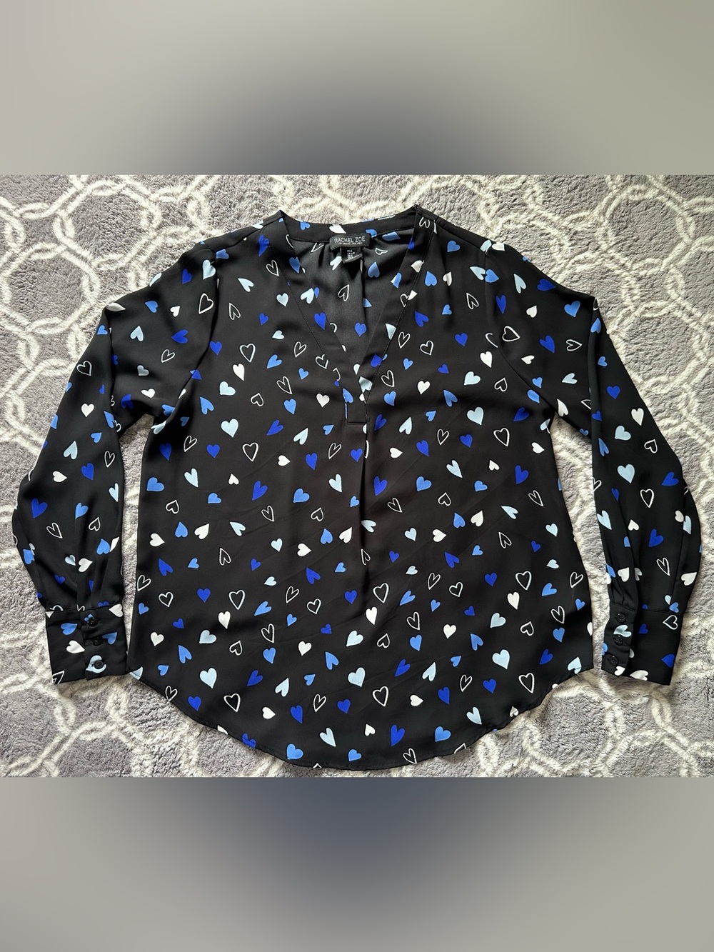 Rachel Zoe Black Long-Sleeve Shirt with Blue & White Heart Print Size S